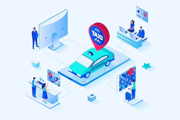 Taxi service 3d isometric web design Vector web illustration