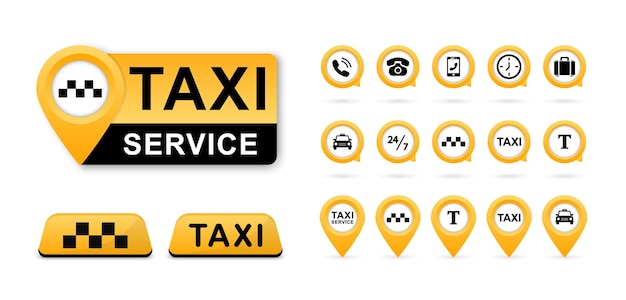 Taxi service icons set Taxi signs Taxi map pointer