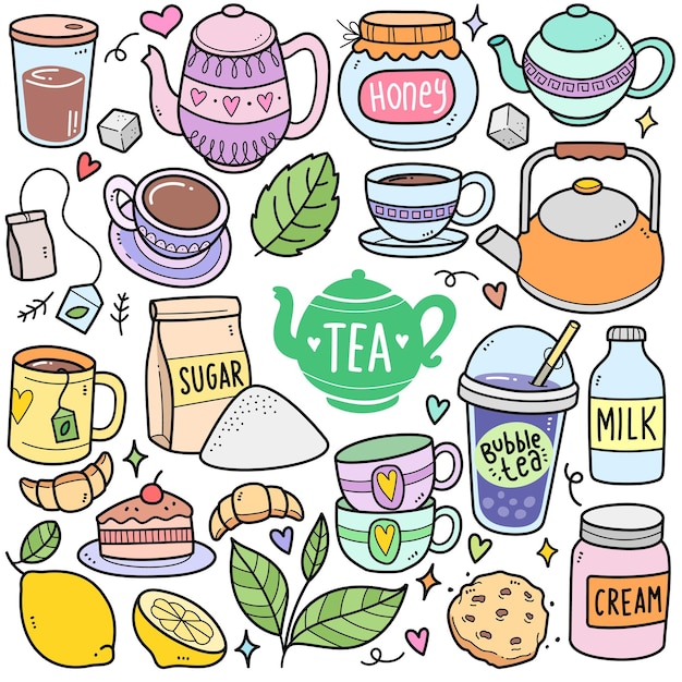 Tea time colorful vector graphics elements and doodle illustrations