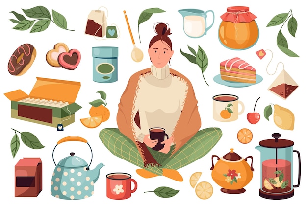 Tea time set graphic elements in flat design Bundle of woman holding cup hot drink in mugs teapots sweet desserts tea bags in box fruits and berries other Vector illustration isolated objects