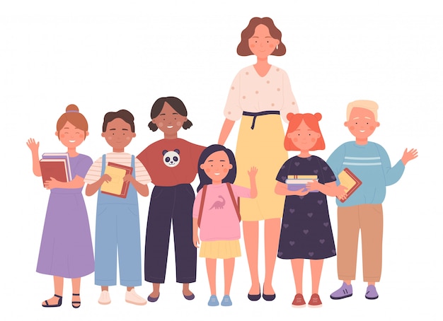 Teacher and kids people together vector illustration