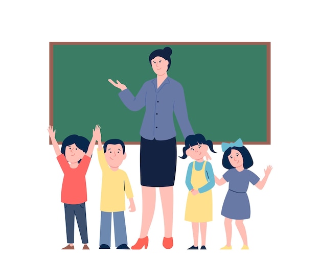 Vector teacher and little preschool children stand at chalkboard happy students flat back to school concept education and studying vector scene