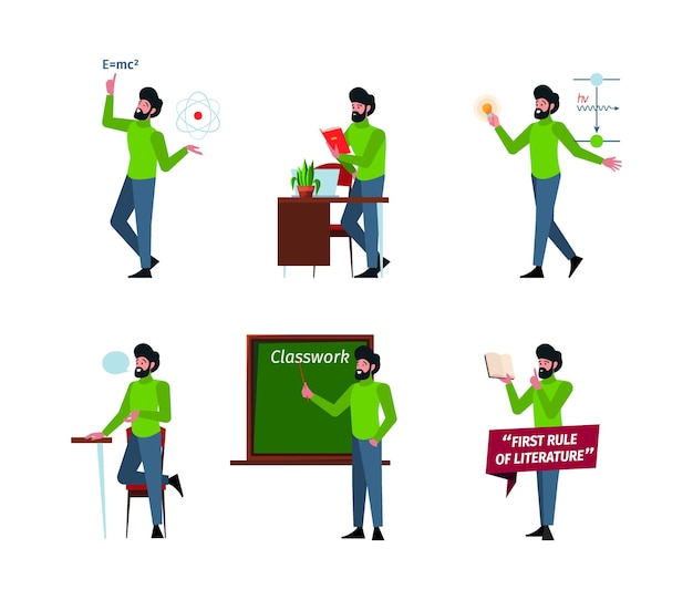 Teacher male Characters in school or institute study students lecturing man standing in action poses and various gestures professional working garish vector illustration