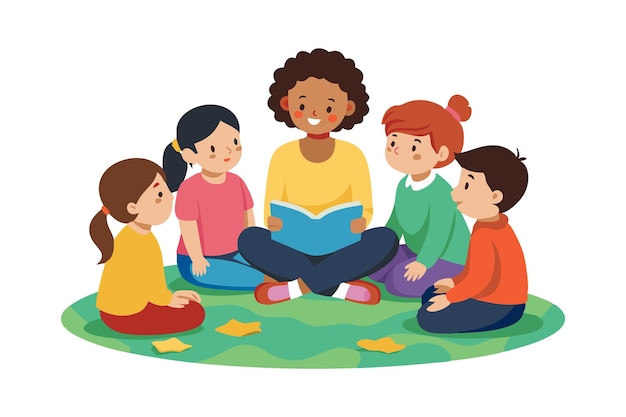 Teacher reading to group of children outdoors