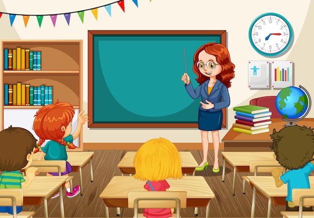 Teacher teaching students in the classroom scene