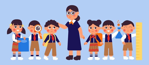 Vector teacher with students happy school student children in uniform and woman preschool kids cute college boys girls education decent vector characters