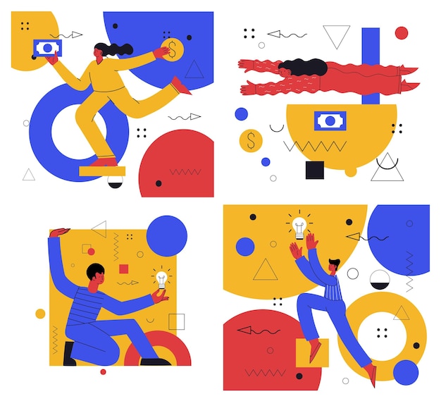 Vector teamwork flat vector illustrations set coworkers characters communication team building and business partnership concepts businessmen people and geometrical shapes cooperation collaboration