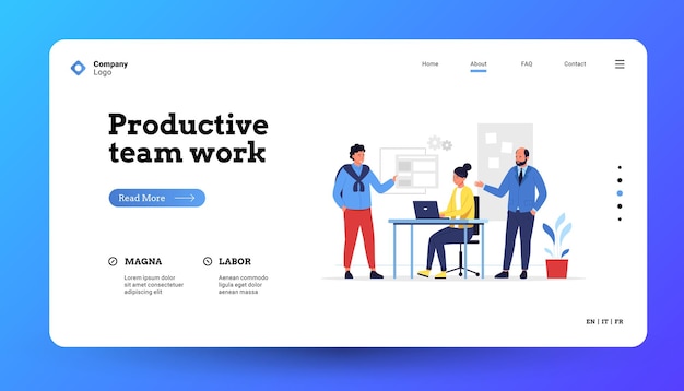 Vector teamwork landing page business team of office characters working together technology start up and creative work concept vector web site template