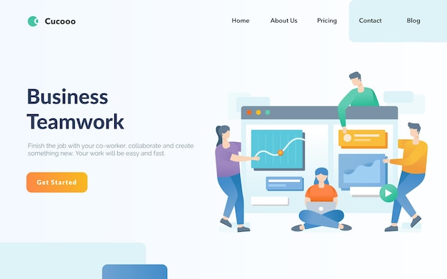 Vector teamwork landing page concept vector, people interacting with graph and work together