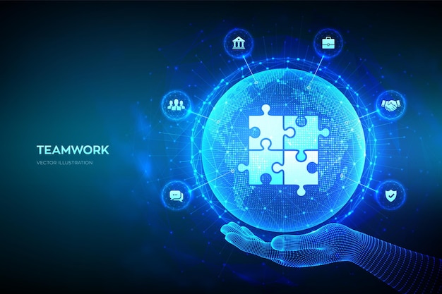 Teamwork technology concept Business Partnership Global cooperation communication network Puzzle Team elements World map point line composition Earth planet globe in hand Vector illustration