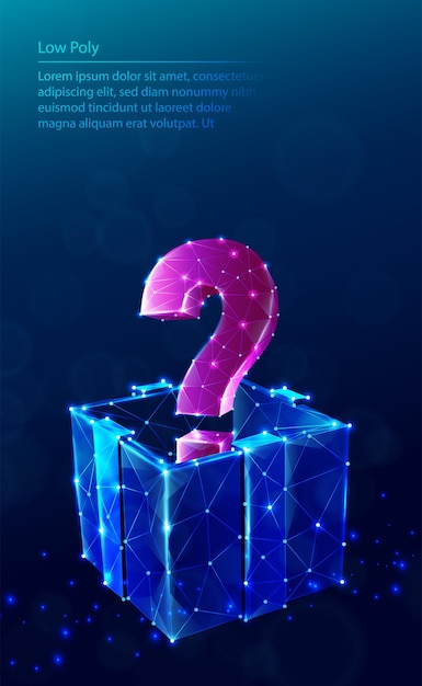  tech low poly blue background. With present gift box and question sign.