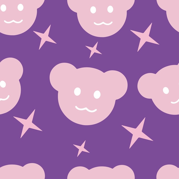 Teddy bear drawingretro seamless pattern on purple background