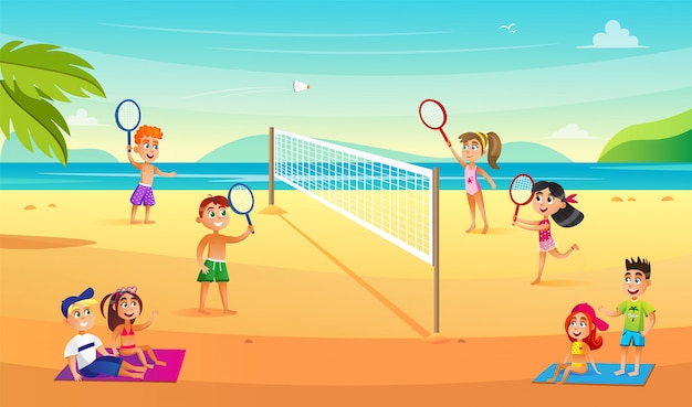 Teen Children Playing Badminton Doubles on Beach.