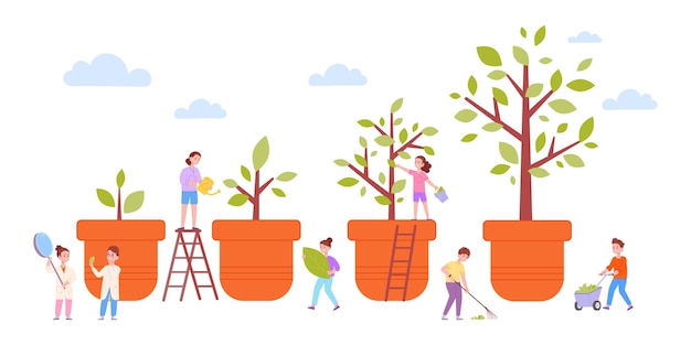 Teenagers grow tree Kids planting eco sprout and cleanup or picking plants leaves children or teenager gardening earth development protection nature plant vector illustration