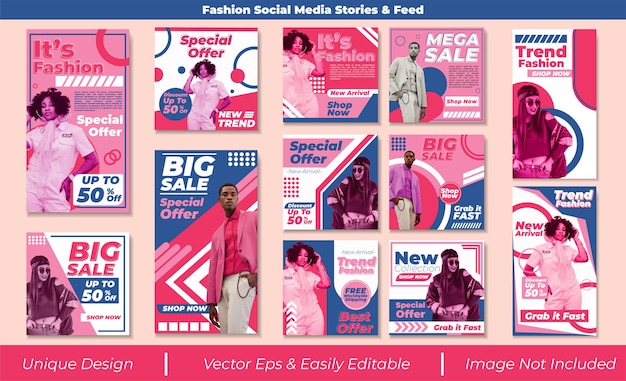 Vector template fashion social media feed and stories set promotion business