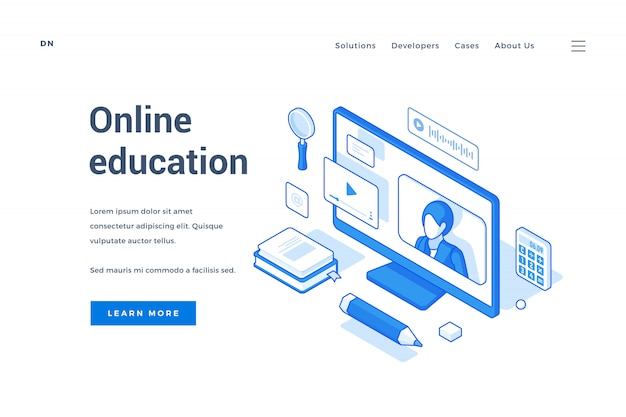 Template of modern online education resource with isometric icons