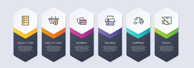 Template for shopping infographics Six options or steps with icons and text