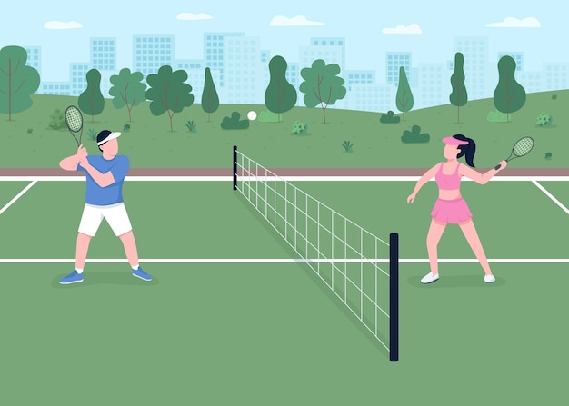 Vector tennis game flat color illustration. outdoor courts for tournament match. active lifestyle. player hit ball over net. athlete couple 2d cartoon characters with landscape on background