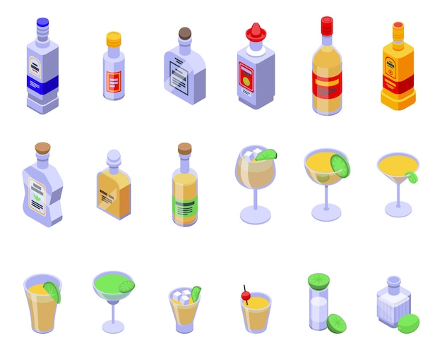 Tequila icons set isometric vector Mexico shot