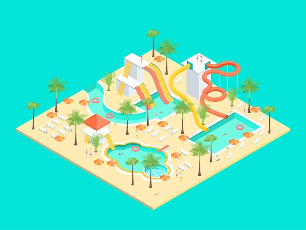 Vector territory of water park concept 3d isometric view for amusement and active leisure vector illustration of outdoor aquapark project