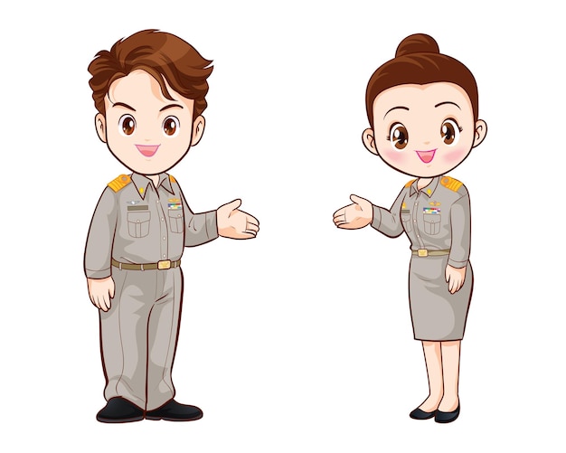 Vector thai government officers in uniform couple cartoon character