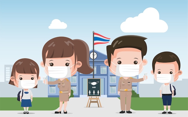 Thai school teacher and student prevention covid-19. Siam bangkok school thailand safe from covid-19.