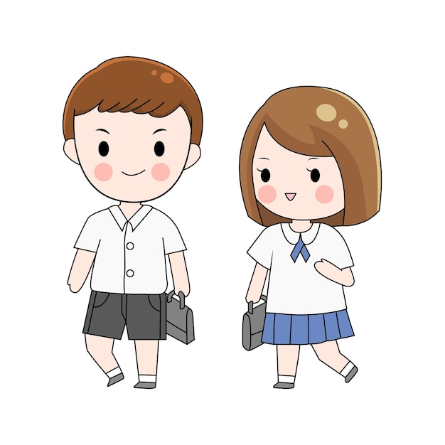 Vector thai student uniform thai boy and thai girl cartoon character design
