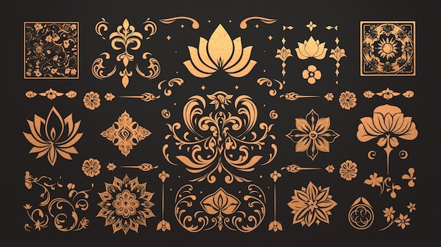 Vector thai turmeric patterns with golden hues