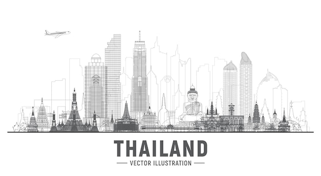 Thailand cities line skyline silhouette vector illustration on white background Business travel and tourism concept with famous Thailand landmarks Image for presentation banner web site