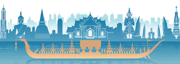 Thailand famous landmark and royal Thai boat banner