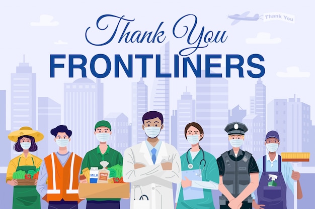 Vector thank you frontliners concept. various occupations people wearing face masks.