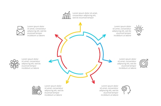 Thin line cycle infographic with arrows Modern concept design template with 7 options or parts