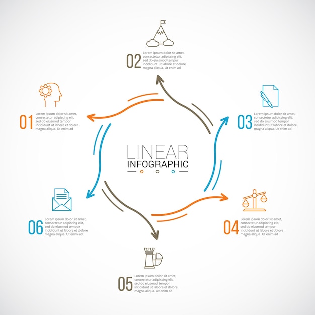 Thin line flat arrows for infographic Business concept with 6 options parts steps or processes