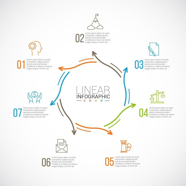 Thin line flat arrows for infographic Business concept with 7 options parts steps or processes