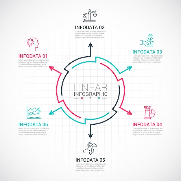 Thin line flat arrows for infographic Cycle diagram with 6 options parts steps or processes