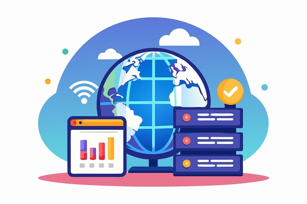 Vector this graphic illustrates web hosting services with a globe server stacks and data analytics in the background web hosting icon and earth globe image