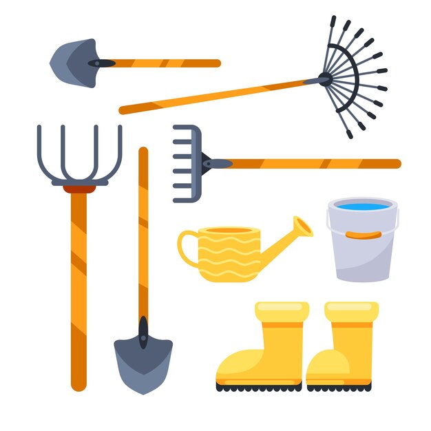 Vector this vibrant illustration showcases a set of essential gardening tools including shovels rakes