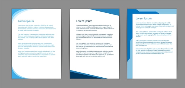 Vector three bluethemed document templates featuring lorem ipsum text modern and clean design on a gray background concept of document design templates mockup a4