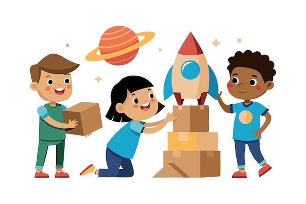 Three children building a rocket with cardboard boxes and a planet in the background