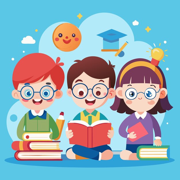 Vector three happy children sitting and reading books