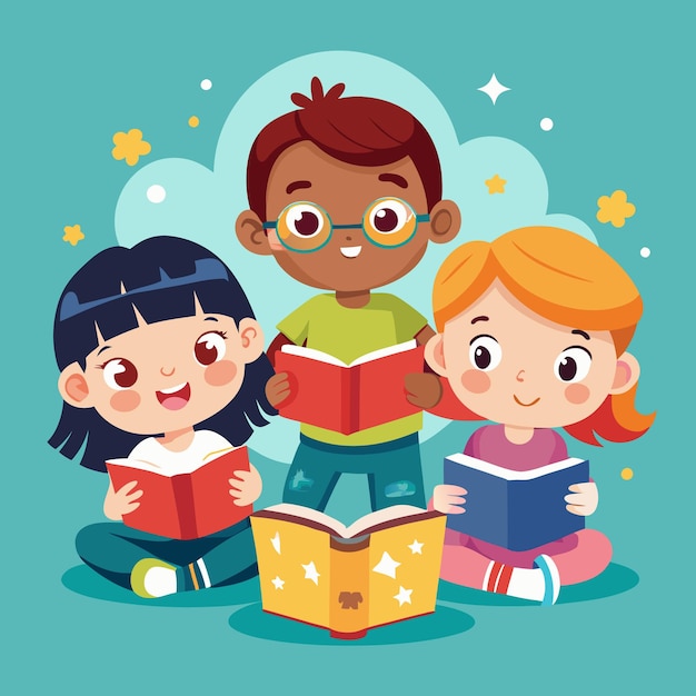 Vector three happy kids sitting in a circle reading books