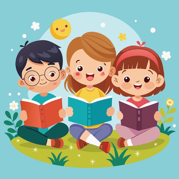 Vector three happy kids sitting on a green grass and reading books