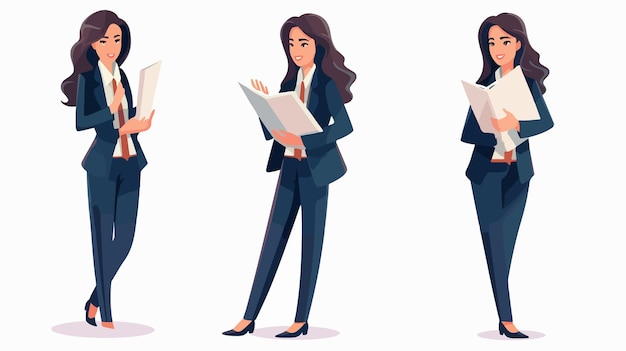 Vector three images of a woman in a suit with a folder that says  she is reading