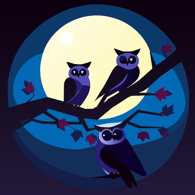 Vector three owls sit on a branch with the moon behind them