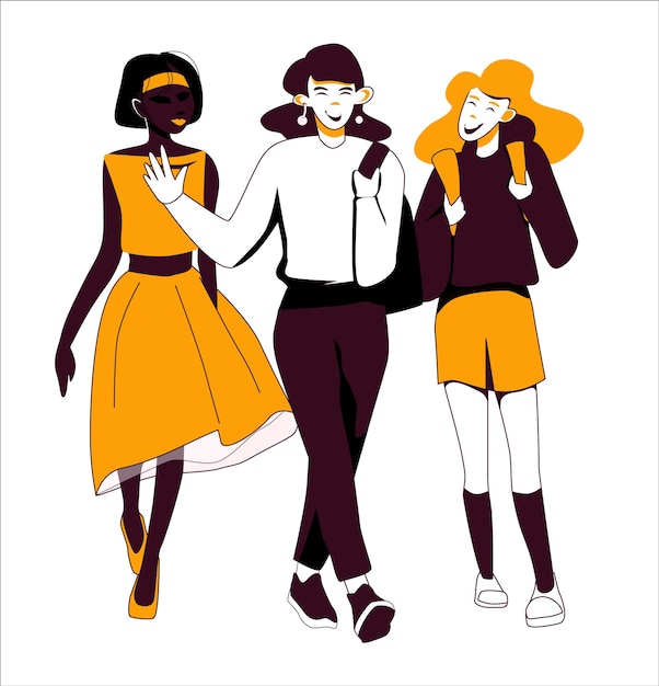 Vector three young women friends are walking and chatting having fun students in trandy colors