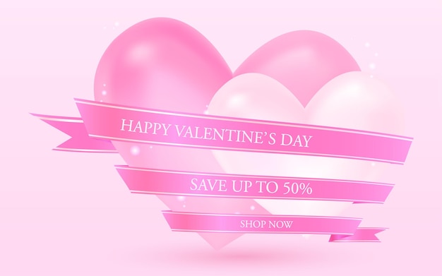 Vector threedimensional valentine's day heart and pink ribbon label with message