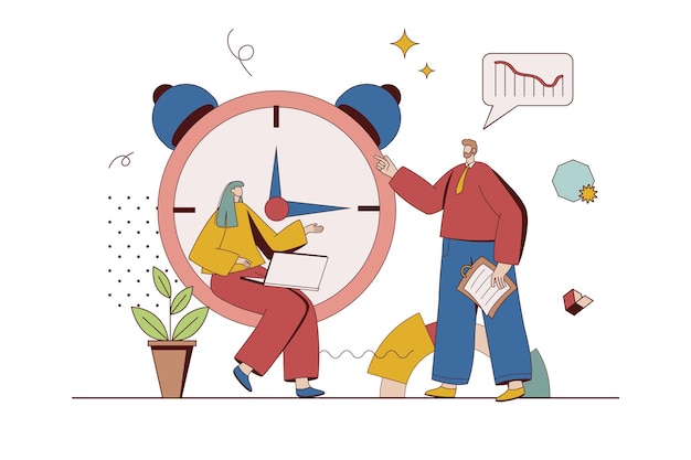 Time management concept with character situation in flat design Man and woman manage work projects and organize workflow do tasks before deadline Vector illustration with people scene for web