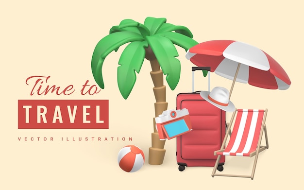 Time to travel promo banner design Cartoon 3d travel trolley bag tropical palm tree sun umbrella swim ball beach chair camera and hat Summertime object Vector illustration