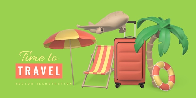 Time to travel promo banner design Summer 3d realistic render vector objects Tropical palm tree sun umbrella swim ring beach chair and plane Vector illustration