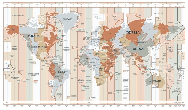 Vector time zone map detailed world map with countries names